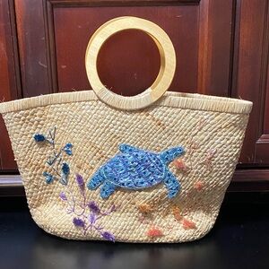 Vintage Straw Tote with Blue Turtle Design bag